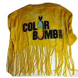 color bomb squad ,Tshirt bright yellow fringed tee shirt, hippie, L Delta Custom